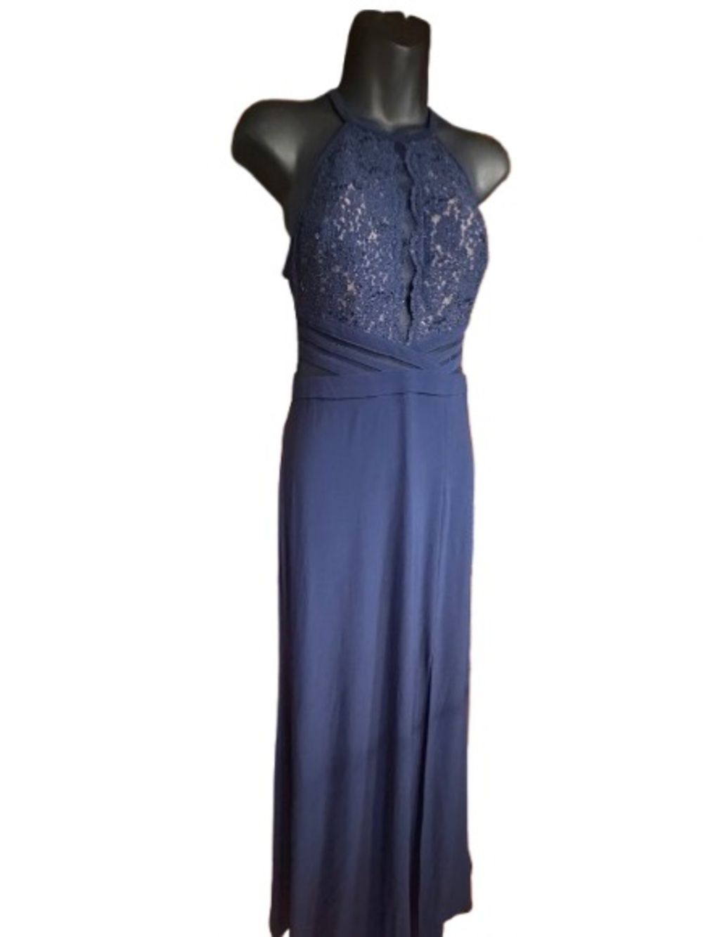 Morgan & Co
Navy Blue Lace Halter Gown floral lace halter-style bodice size 5 - Picture 9 of 14